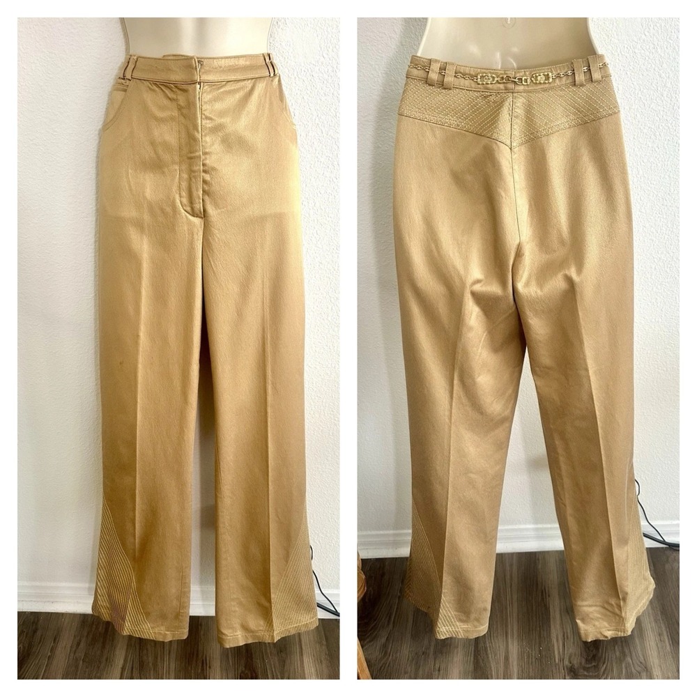 Y2K St John‎ Couture Gold Pants Flare Chain Belt Contrast Stitch Sz 8 M Vintage